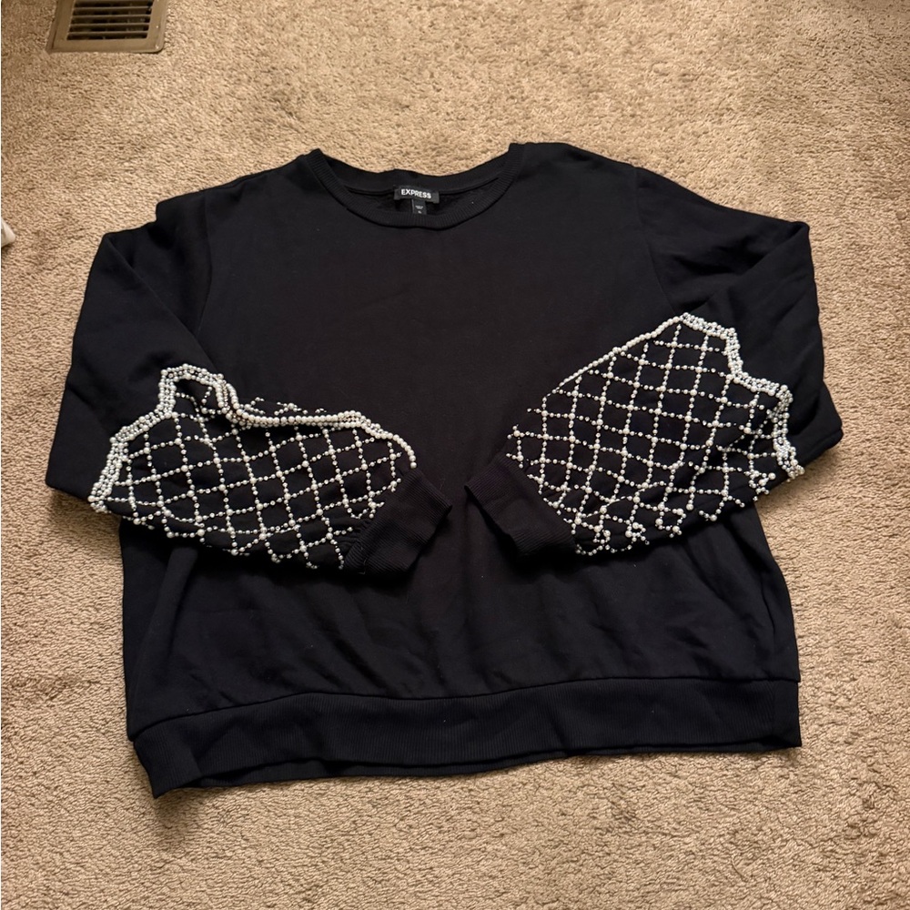 Express Black Crewneck Sweatshirt with Embellished Sleeves XL
